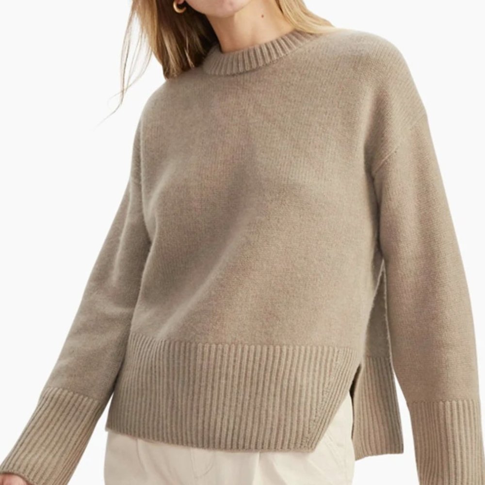 Naadam cashmere fisherman trim crew neck sweater taupe Sz m - Picture 9 of 11